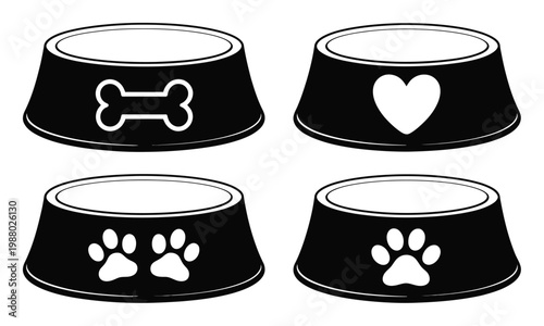 Four Black Pet Bowls with White Bone, Heart, Paw Prints