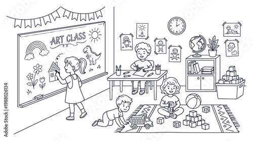 Children in art class drawing and playing with toys together.