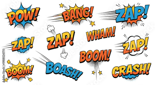 Colorful comic book sound effect bubbles in pop art style
