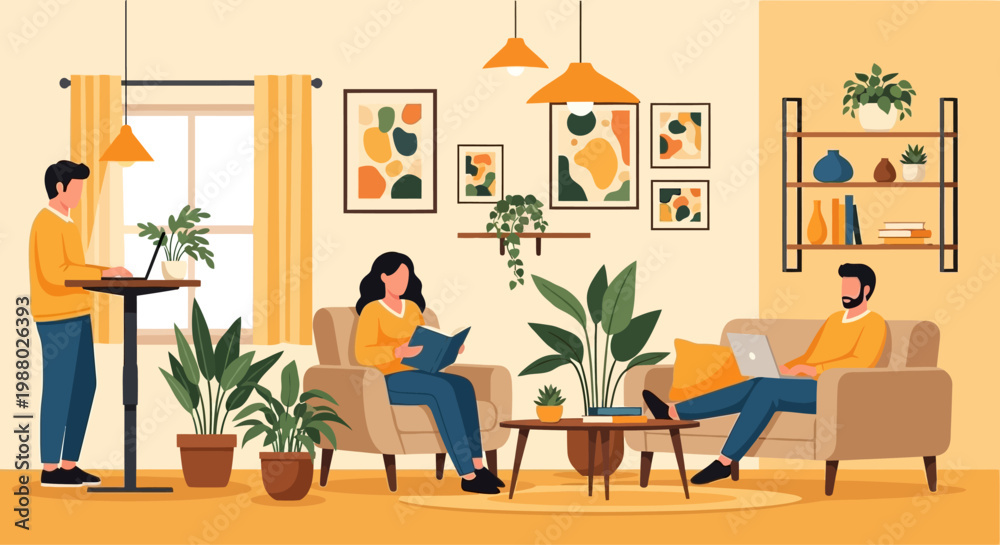Fototapeta premium People relaxing and working in a cozy living room setting.