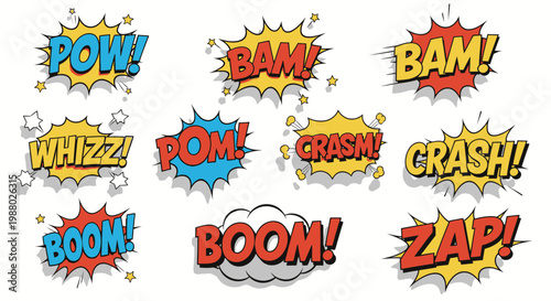 Colorful comic book sound effect bubbles on white background