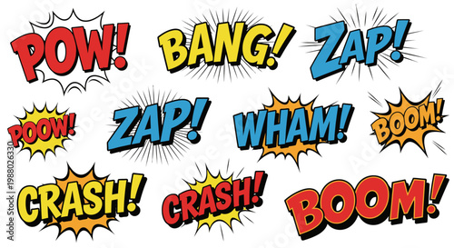 Colorful comic book sound effects collection on white background