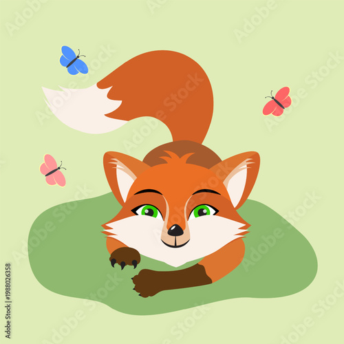 Cute funny red little fox plays with butterflies. Сartoon animal character happy. Vector illustration. Children's design.