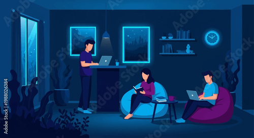 People working on laptops in a modern co-working space.