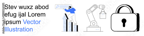 Cybersecurity, automation, data analysis, search optimization, industrial innovation, privacy protection. Lock symbol, robot arm and a person using a magnifying glass. Cybersecurity and automation
