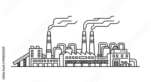 Industrial factory with smoking chimneys and complex architecture.