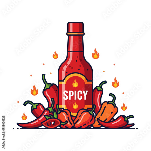 Spicy Hot Sauce Bottle with Chili Peppers and Flames Illustration