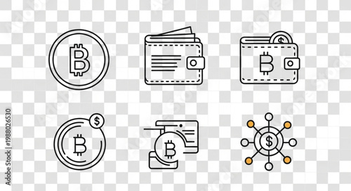 Bitcoin Cryptocurrency Digital Wallet and Network Icons.