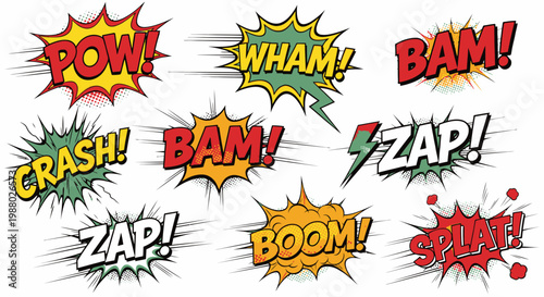 Colorful comic book sound effect bubbles on white background