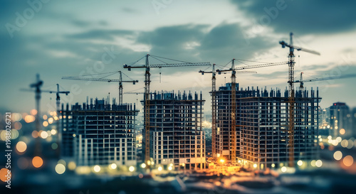 Cinematic Panoramic View of Massive Urban Construction Site at Twilight