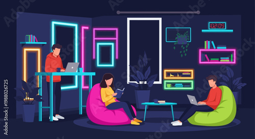 People working in a modern co-working space.