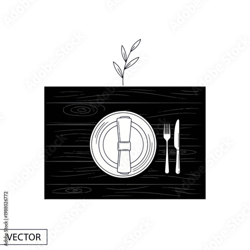 Minimalist Dinner Setting: Plate, Cutlery, Napkin on Dark Wood Table