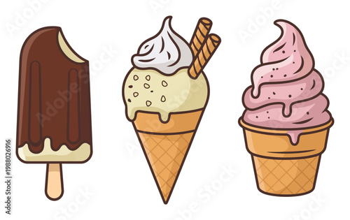 Three delicious ice cream treats: chocolate bar, vanilla cone, and strawberry swirl