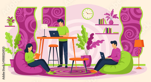 People working on laptops in a modern living room.