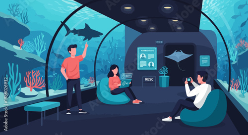 People enjoying an aquarium tunnel with marine life.