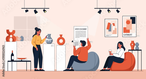 People enjoying art exhibition and modern gallery.