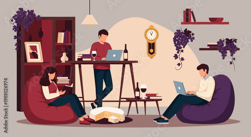 People working and relaxing in a modern living room.