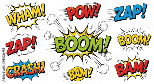 Colorful comic book sound effect speech bubbles collection