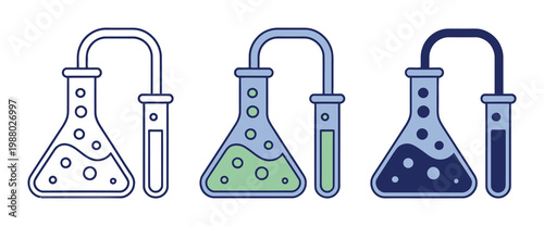 Three laboratory flasks connected by tubes, showing different colored liquids and bubbles