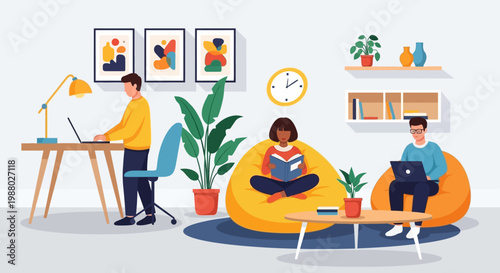 People working and reading in a modern living room.