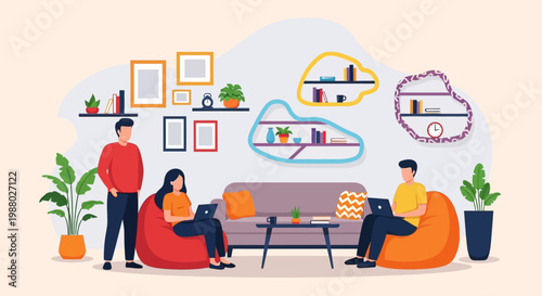 People working on laptops in a modern lounge area.