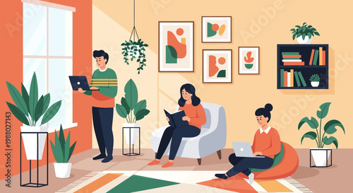 People working and studying in a cozy home environment.