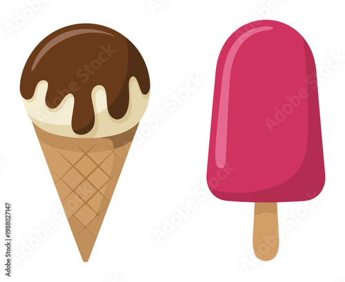 Two delicious frozen treats: a chocolate-drizzled ice cream cone and a pink popsicle