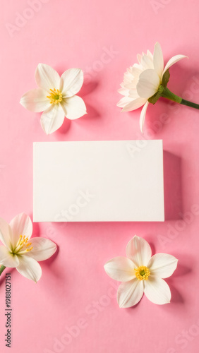 Business card mockup design with white cherry flowers, top view. Greeting card template, invitation blank paper minimalist aesthetic composition. Pink background sunlight shadow.