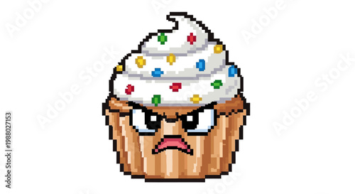 Pixel Art Angry Cupcake with Sprinkles and Frosting.