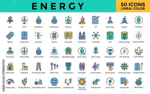 Energy icons set with energy dashboard, load balancing, real time monitoring, peak demand, hydropower, biomass icon. Simple lineal color vector. Editable stroke. 
