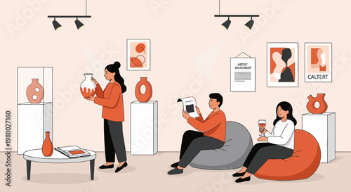 People enjoying art exhibition with pottery and paintings.