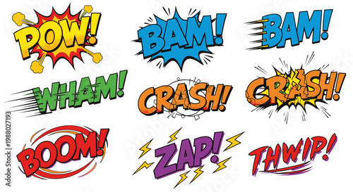 Colorful comic book sound effect bubbles on white background