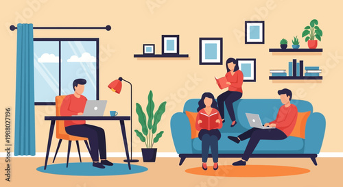 People working and studying in a cozy home environment.