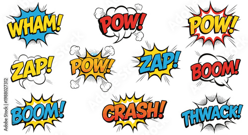 Colorful comic book sound effect speech bubbles on white background