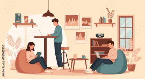 People working and relaxing in a cozy coworking space.