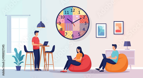 People working on laptops in a modern office space.