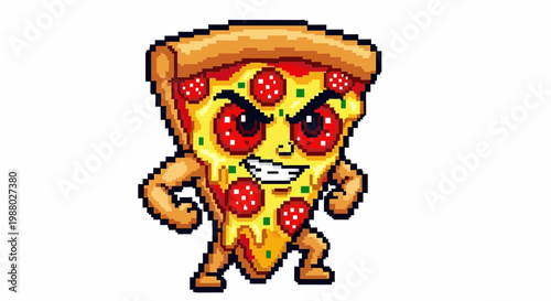Pixel Art Angry Pepperoni Pizza Character Mascot.
