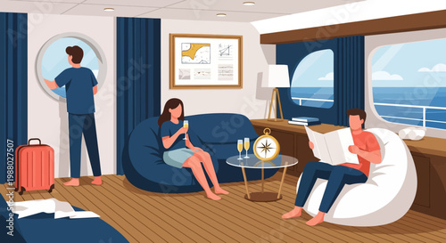 People relaxing in a cruise ship cabin with ocean view.