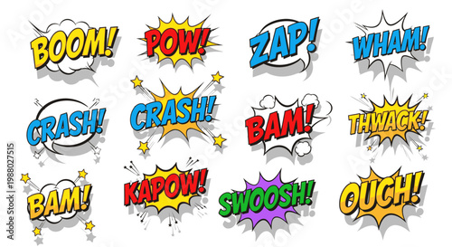 Colorful comic book sound effect bubbles set on white background