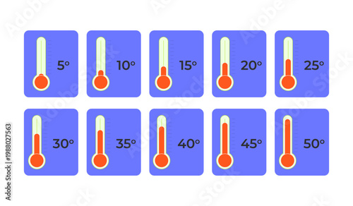 Thermometer temperature from 5 to 50 degrees flat UI data visualization element set. Environmental monitoring. Minimal dashboard components. Isolated vector illustration pack. Solid color graphics