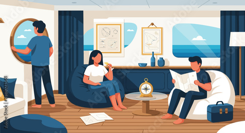 People relaxing in a cruise ship lounge enjoying vacation.