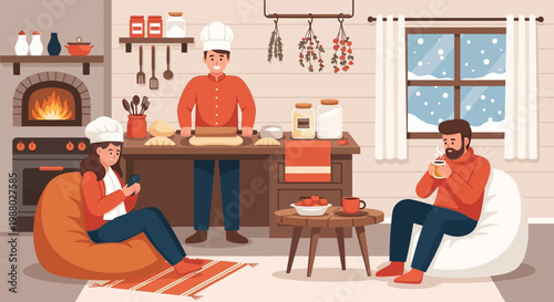 People enjoying cozy winter evening indoors.