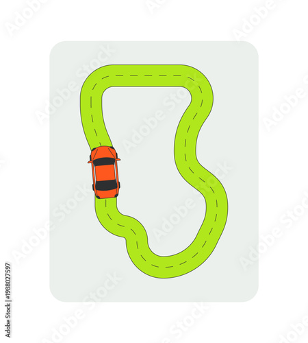 Driving route flat UI data visualization element. Top view of car moving along winding road path. Auto journey. Minimal dashboard component. Isolated vector illustration. Solid color visual graphic