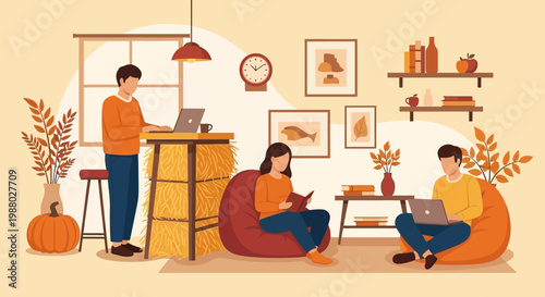 People working and relaxing in a cozy home environment.