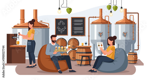 People enjoying craft beer tasting in brewery tasting room.