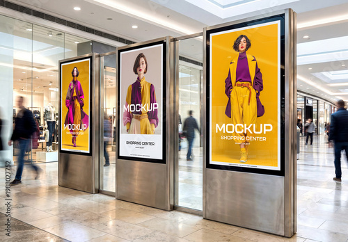 Three Metallic Billboards in Bright Shopping Center Interior Mockup