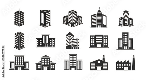 Set of isometric building icons representing various architecture and commercial structures