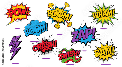 Colorful comic book sound effect bubbles with pop art style