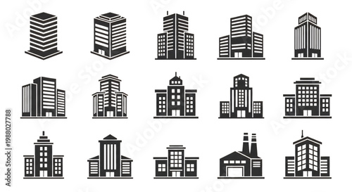 Collection of Modern and Traditional Building Icons in Black and White