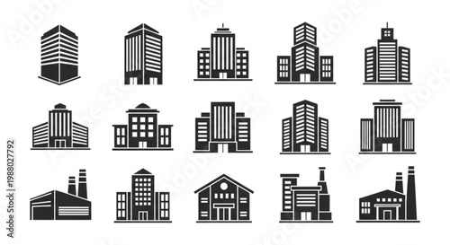 A collection of diverse architectural building designs, showcasing modern and classic structures with varied facades and heights for graphic representation